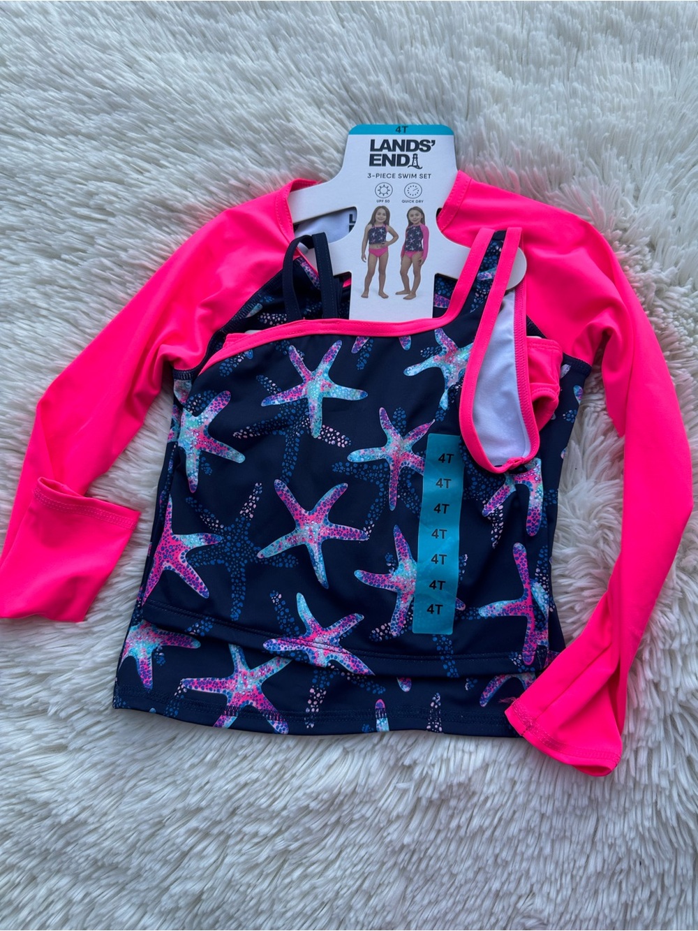 Lands' End Girls' Pink Starfish Rash Guard Swim Set - size 4T